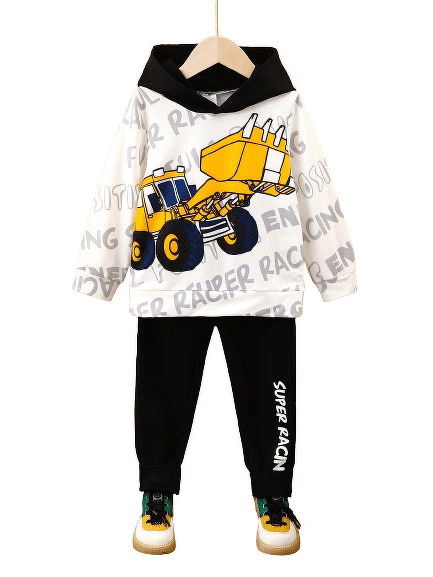 Mikrdoo 4 Years Baby Boys Clothes 5 Years Boys Outfits Excavator Print Letter Graphics Long Sleeve Casual Fall Winter Hoodies Tops Elastic Pants 2Pcs OOTD White