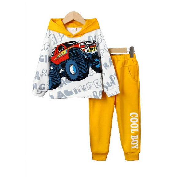 Mikrdoo 4 Years Toddler Baby Boys Clothes 5 Years Boys Outfits Car Print Letter Graphics Long Sleeve Casual Fall Winter Hoodies Tops Elastic Pants 2Pcs OOTD Yellow