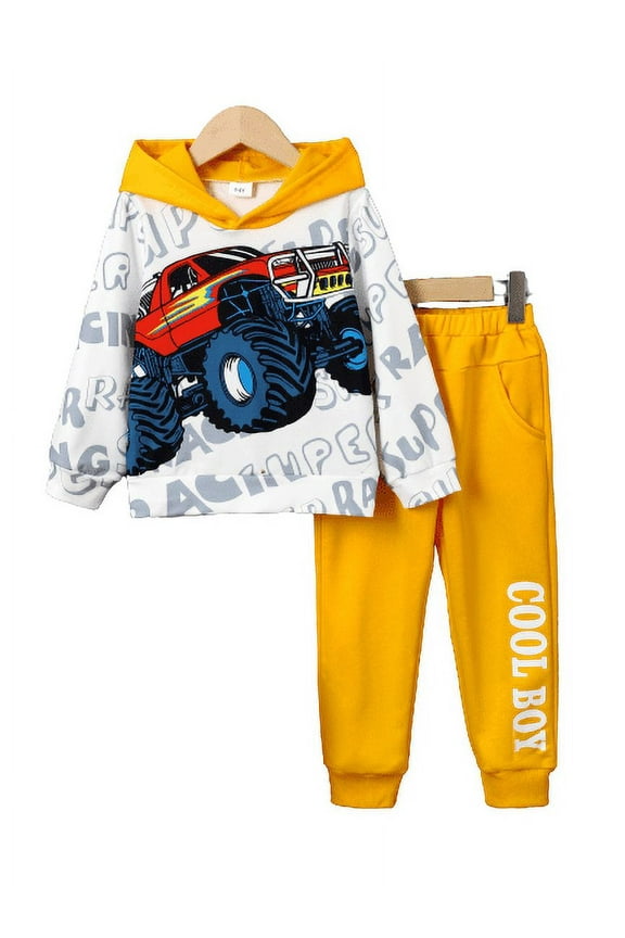 4 Years Toddler Baby Boys Clothes 5 Years Boys Outfits Car Print Letter Graphics Long Sleeve Casual Fall Winter Hoodies Tops Elastic Pants 2Pcs OOTD Yellow