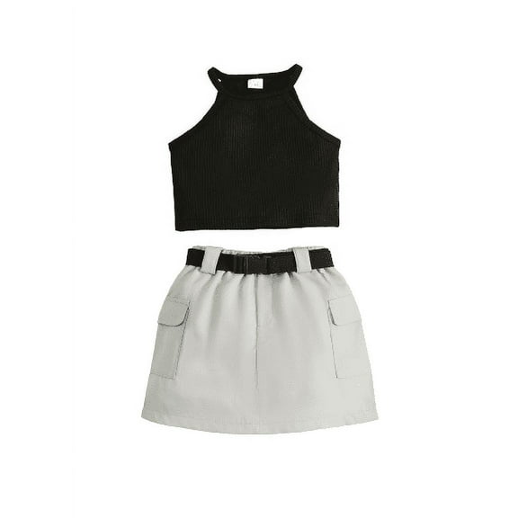 Mikrdoo 4T Kid Toddler Girls Outfits 4Y,5Y,6Y,7Y Girls Halter Sleeveless Summer Solid Color Tops Cargo Skirts Set 2Pcs Clothing Black