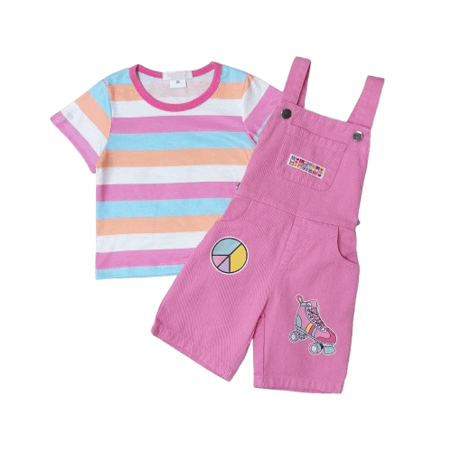 Mikrdoo 4T Toddler Baby Girls Clothes Colorful Stripes Short Sleeve T-shirt Pink Suspender Shorts 2Pcs Summer Cute Oufits 4-5 Years