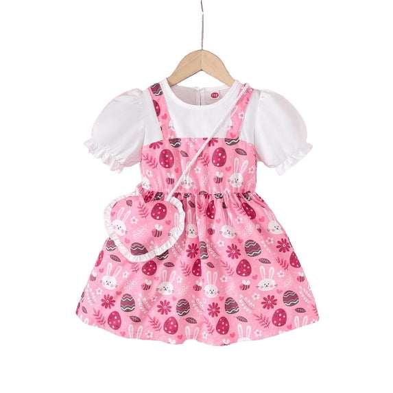 Mikrdoo 4T Toddler Baby Girls Easter Rabbits Print Eggs Print Fake Two Pieces Bubble Sleee Dress With Satchel 2Pcs Clothes Sets Pink