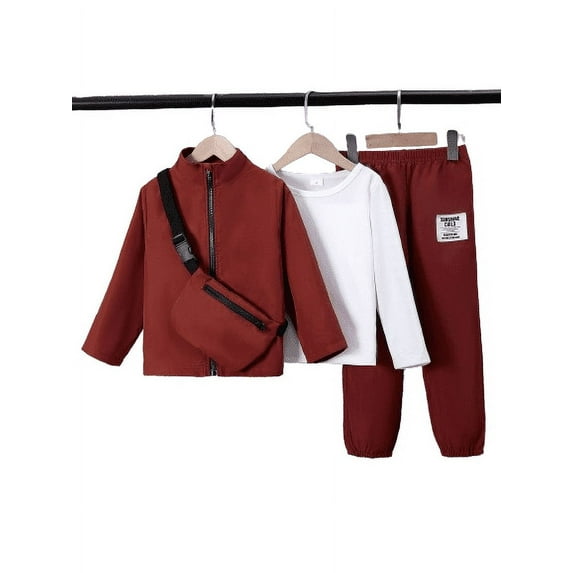 Mikrdoo 4pcs Boys Casual Clothes Set - Breathable Long Sleeve T-shirt,Stand Collar Zip-up Coat, Elastic Pants, and Convenient Crossbody Bag For Outwear Brick Red
