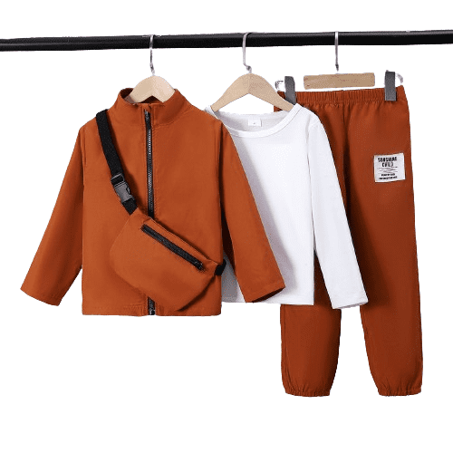 Mikrdoo 4pcs Boys Casual Clothes Set - Breathable Long Sleeve T-shirt,Stand Collar Zip-up Coat, Elastic Pants, and Convenient Crossbody Bag For Outwear Brown