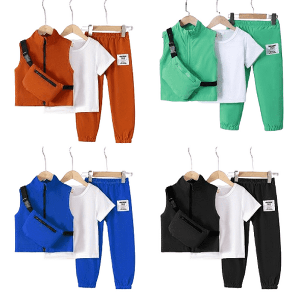 Mikrdoo 4pcs Boys Casual Clothes Set - Breathable Short Sleeve T-shirt, Stylish Sleeveless Vest, Practical Cargo Pants, and Convenient Crossbody Bag For Outwear Black