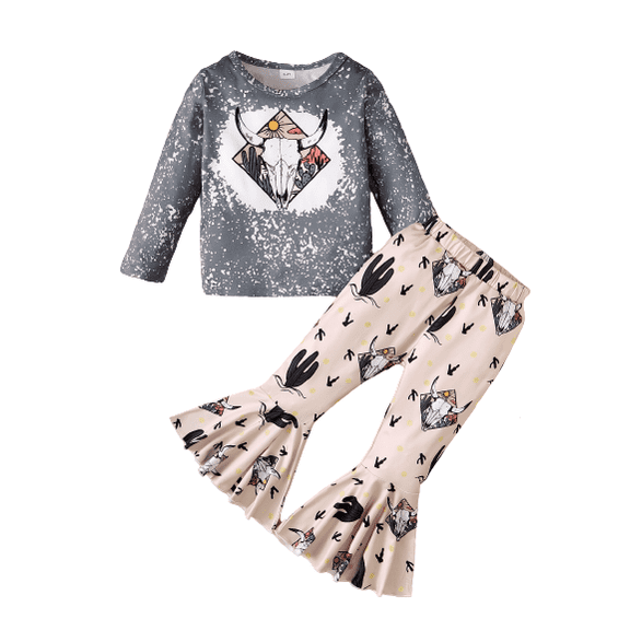Mikrdoo 5-6 Years Kid Girls Fall Winter Pants Sets Dear Print Long Sleeve Tops Elastic Cactus Print Bell-bottomed Trousers 2Pcs Clothing Size:4-7T Gray