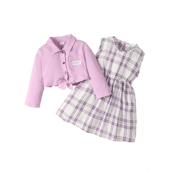 Mikrdoo 5-6 Years Little Girls Dress Sets Turn-down Collar Coat Plaid Sleeveless Dress 2Pcs Clothing From 18M-6Y Purple 5-6Years