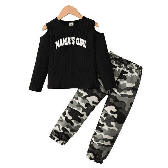 Mikrdoo 5 Years Kid Girls Clothes Letter Graphics Off Shoulder 6 Years Girls Long Sleeve Tops Camouflage Pants Set 2Pcs Spring/ Fall Casual Wear