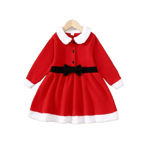 Mikrdoo 5 Years Little Girls Dress Doll Collar Warm Splicing Long Sleeve Christmas Bow Belt Dress One Piece Fall Winter Dress Red