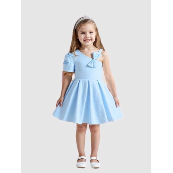 Mikrdoo 5 Years Little Girls' Summer Dress 4Y,5Y,6Y,7Y Blue Embossed Textured Fabric One-Shoulder Bow Decorate Puff Sleeves Casual Cute Dress