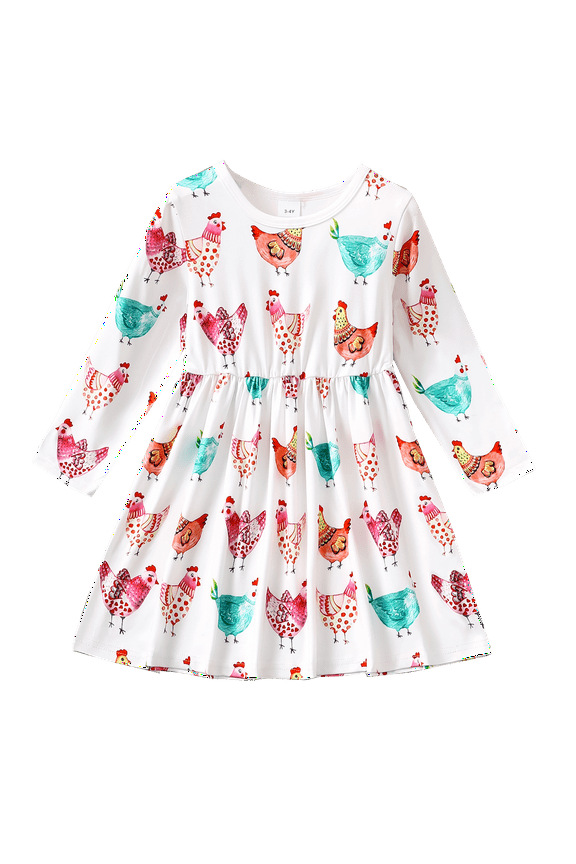 5T Kid Girls Fall Winter Dress 5-6 Years Girls Chicken Print Long Sleeve Dress One Piece Casual Dress White