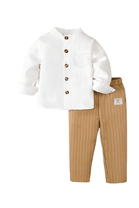 5T Kid Toddler Boys Clothes 6T Boys Outfits Stand Collar Button Down Long Sleeve Shirts Stripe Woven Label Pants Set 2Pcs Fall Winter OOTD Khaki