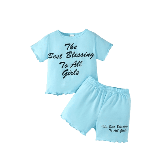 Mikrdoo 5T Little Girls Clothes 4Y,5Y,6Y,7Y Girls Outfits Letter Print Short Sleeve Casual Tee Elastic Shorts Sets 2Pcs Summer OOTD Blue