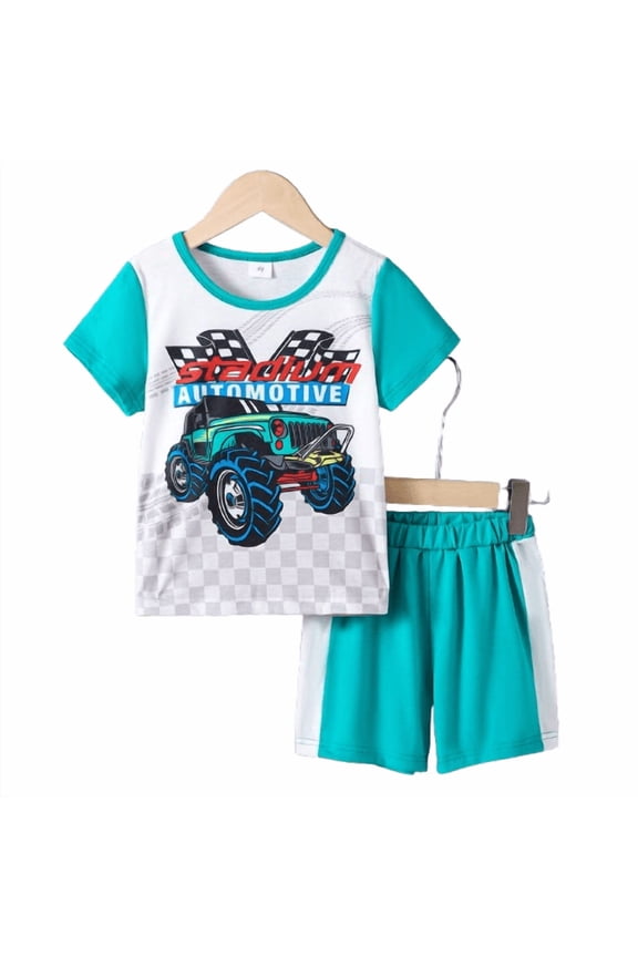 5T Toddler Kid Boys Monster Trucks Outfit Car Print Short Sleeve Patchwork T-shirt Elastic Shorts 2Pcs Summer Clothes