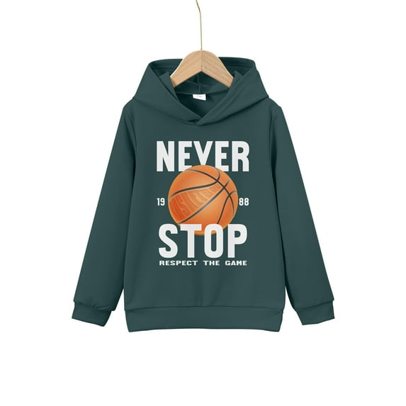 Mikrdoo 5Y-14Y Boys Tops "Never Stop Respect The Game 1988" Letter Graphics Sweatshirt Basketball Print Casual Long Sleeve Hoodies For Spring And Autumn
