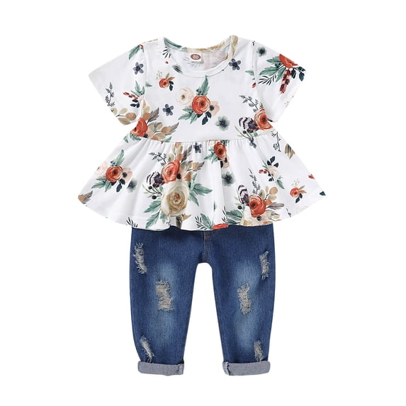 Mikrdoo 6-12 Months Newborn Baby Girls Clothes Baby Outfits Flower Short Sleeve Ripped Demin Pants 2Pcs OOTD White