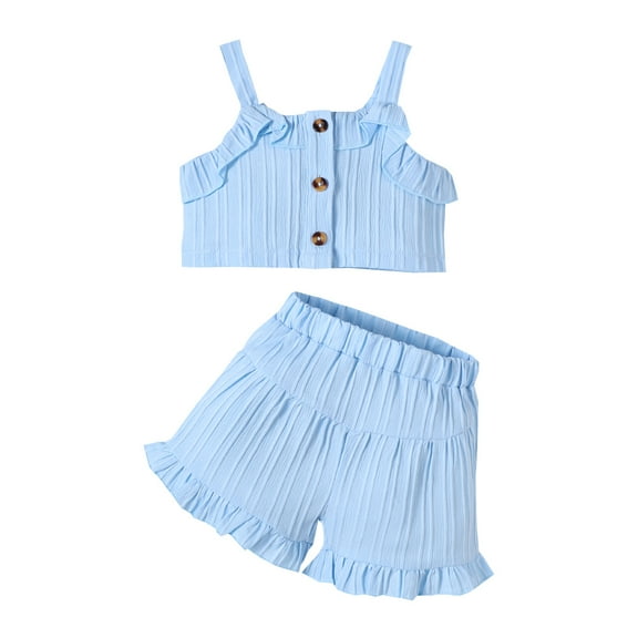 Mikrdoo 6-9 Months Baby Girl's Solid Color 2Pcs Trendy Textured Summer Outfit, Button Front Sleeveless Top & Ruffle Trim Shorts Set For Daily/Holiday