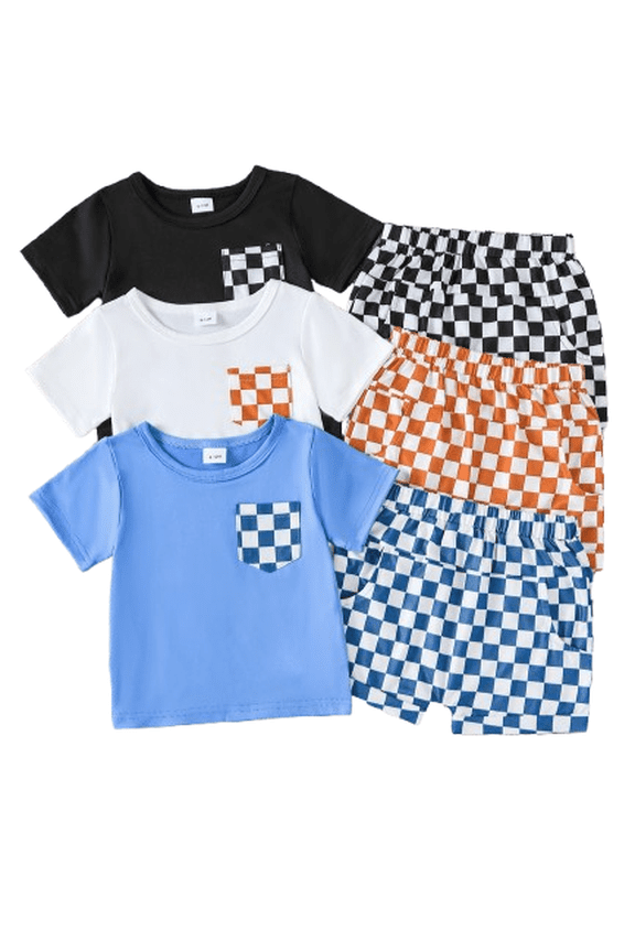 6-9 Months Newborn Baby Boys Essentials Set Summer Gift Sets Checker Tee Shorts Set 3-Pack Outfits 6pcs