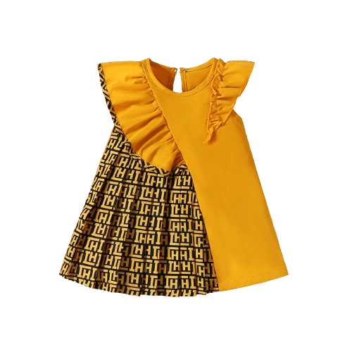 Mikrdoo 6 Months Baby Girls Fashion Pattern Print 9 Months Girls Ruffle Splice Sleeveless Casual Dress For Summer Outdoor Yellow