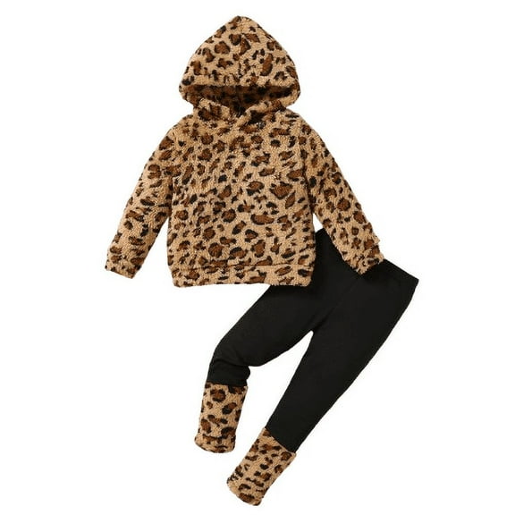 Mikrdoo 6 Years Kid Toddler Girls Clothes 4Y,5Y,6Y,7Y Girls Long Sleeve Furry Leopard Pattern Hooded Top Elastic Patchwork Pants Set 2Pcs Cute Outfits