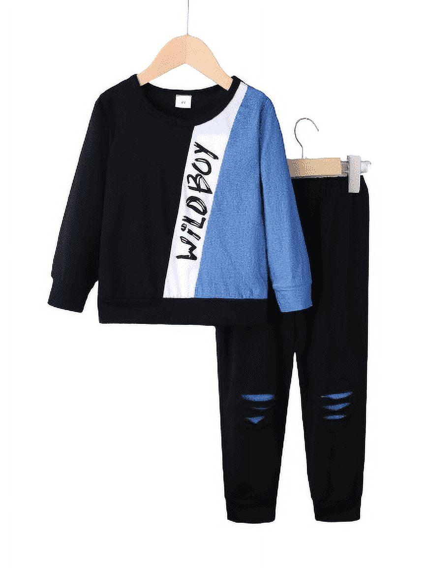 Mikrdoo 6 Years Little Boys Clothes 4Y,5Y,6Y Kid Boys Color Block Letter Graphics Spring Fall Tops Elastic Ripped Pants 2Pcs Casual Outfit Sets Blue