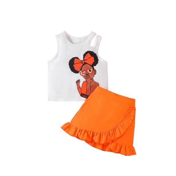 Mikrdoo 6 Years Toddler Kid Girls Summer Clothes Cartoon Girls Pattern Sleeveless Hollow Out Shoulder Tank Top and Ruffle Irregular Split Skirt Set 2Pcs