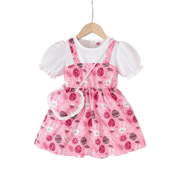 Mikrdoo 6T Little Girls Easter Rabbits Print Eggs Print Fake Two Pieces Bubble Sleee Dress With Satchel 2Pcs Clothes Sets Pink