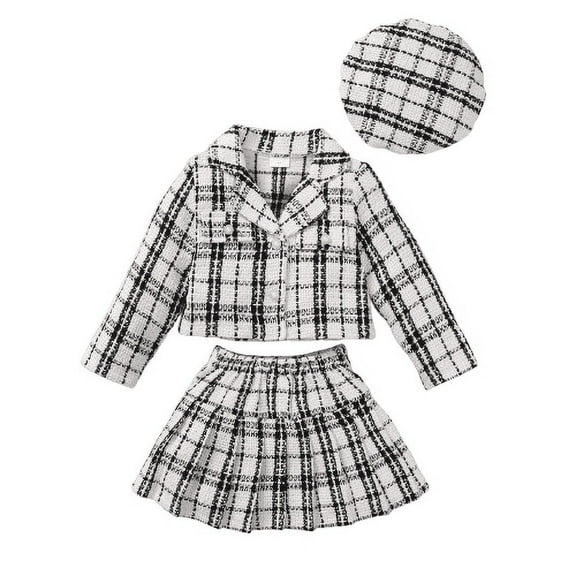 Mikrdoo 6Y Girls Elegant Outfits Girls Skirts Set Vintage Plaid Cardigan Coat Pleated Skirts Hat 3Pcs Spring Autumn Clothing Toddler to Big Kid