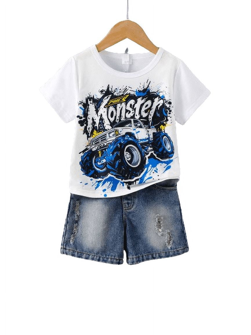 7-8 Years Big Boys Clothes Cool Car Print Graffiti Letter Casual Tee Ripped Jeans Demin Shorts 2Pcs Summer Outfits From 3-8Y White