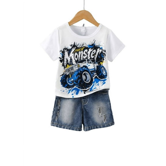 Mikrdoo 7-8 Years Big Boys Clothes Cool Car Print Graffiti Letter Casual Tee Ripped Jeans Demin Shorts 2Pcs Summer Outfits From 3-8Y White