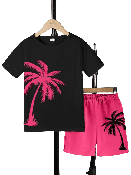 Mikrdoo 7-8 Years Big Boys Kid Boys Clothes Coconut Palm Print Short Sleeve Summer T-shirt Elastic Loose Shorts 2Pcs Casual Outfit Sets Black