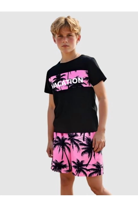 Kid Boys Coconut Tree And Vacation Letter Graphic Print Short Sleeve T-shirt Elastic Shorts Set, 7-8 Years