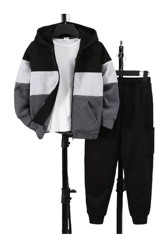 7-8 Years Big Boys Kid Boys Outfits Pants Set Color Block Long Sleeve Fall Winter Zip-up Hooded Jogges Set 2Pcs Fleece Clothing From 7Y-15Y