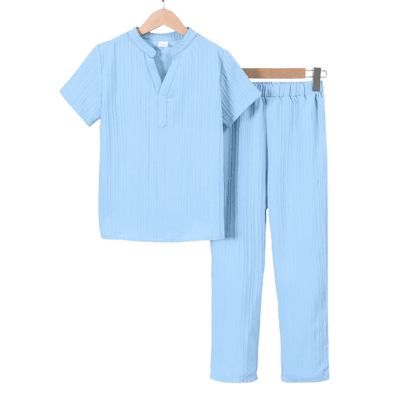 Mikrdoo 7-8 Years Big Boys Outfits Preppy Style Solid Color Short Sleeve V Neck Shirt Elastic Pants 2Pcs Clothes Set For Spring Autumn