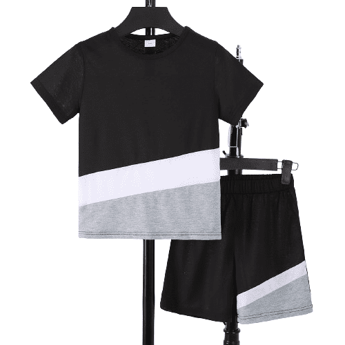Mikrdoo 7-8 Years Big Boys Summer Clothes Three-color Splicing Short Casual Tee Elastic Shorts 2-Pieces Outfit Sets (7-15Y,Black)