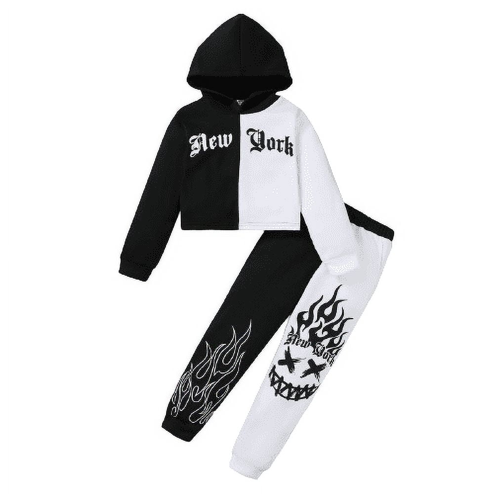 Mikrdoo 7-8 Years Big Girls Clothes New York Graphics Colorblock Pullover Hoodies Tops For Fall Winter Elasic Cool Goth Pattern Splice Pants 2Pcs Outfits Sets