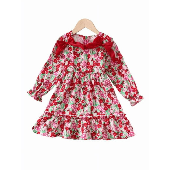 Mikrdoo 7-8 Years Kid Toddler Girls Dress Floral Print Long Sleeve Bow Dress One Piece Casual Dress 1-8Y Red