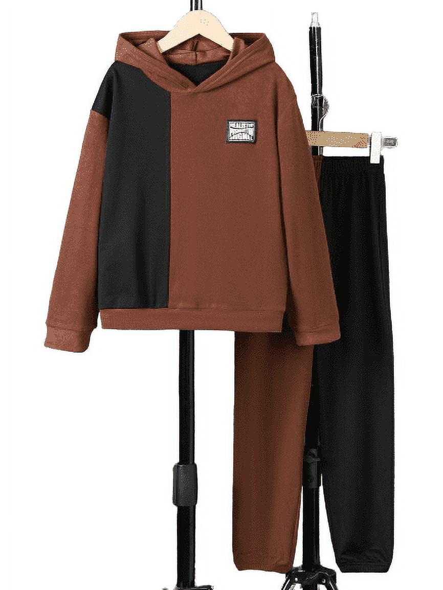 Mikrdoo 7 Years Big Boys Clothes 8 Years Kid Boys Woven Label Splice Pullover Hoodies Tops For Fall Winter Elasic Color Block Pants 2Pcs Outfits Sets Brown