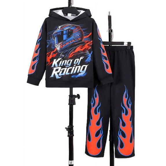 Mikrdoo 7 Years Big Boys Clothes 8 Years Boys Outfits Racing Driver Print Casual Fall Winter Long Sleeve Hoodies Elastic Flame Pattern Pants 2Pcs OOTD