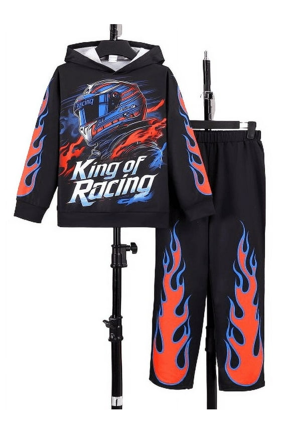 7 Years Big Boys Clothes 8 Years Boys Outfits Racing Driver Print Casual Fall Winter Long Sleeve Hoodies Elastic Flame Pattern Pants 2Pcs OOTD