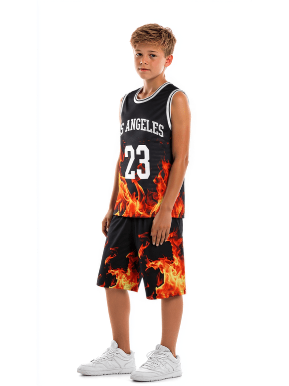 7 Years Big Boys Summer 2Pcs Casual Sports 8 Years Kid Boys Quick-drying Mesh Flame Pattern Sleeveless Vest + Shorts Clothing Sets Black