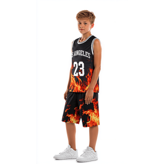 Mikrdoo 7 Years Big Boys Summer 2Pcs Casual Sports 8 Years Kid Boys Quick-drying Mesh Flame Pattern Sleeveless Vest Shorts Clothing Sets Black
