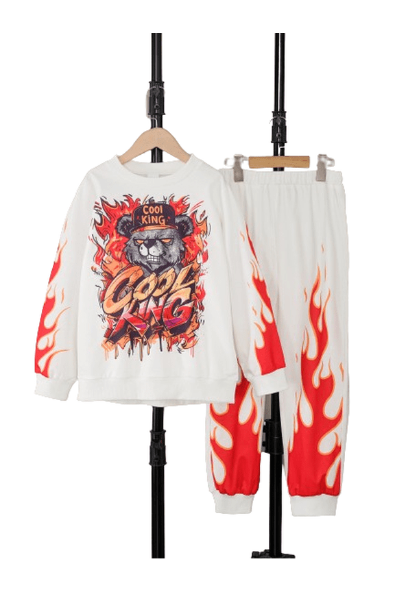 7 Years Kid Boys 8 Years Big Boys Outfits Flame Bear Print Long Sleeve Sweatshirt And Jogger Pants 2Pcs Comfy Fall Winter Clothes White