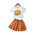 thumbnail image 1 of Mikrdoo 7 Years Kid Girls Outfits Skirts Sets Hawaii Car Letter Pattern Short-sleeved Tops Plaid Pleated Skirts 2Pcs Clothing Sizes 4-7 Orange, 1 of 9