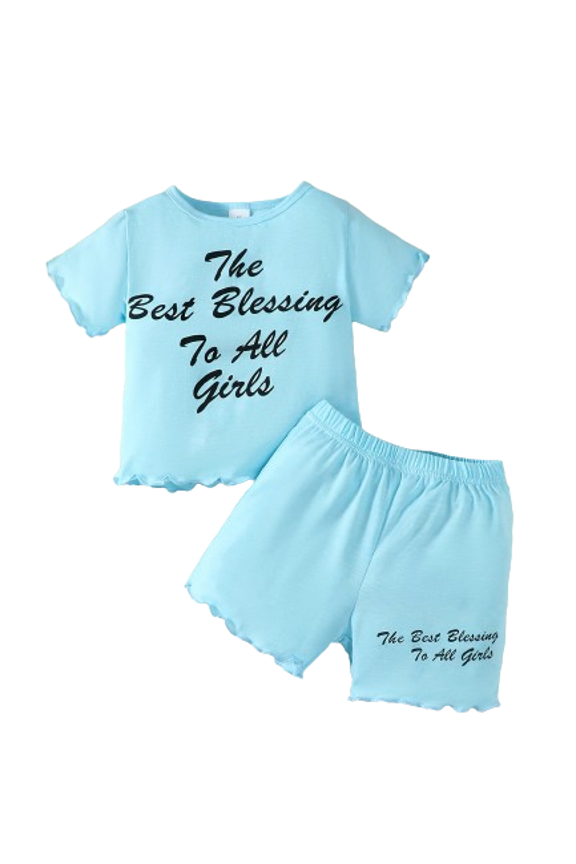 7T Big Girls Clothes 4Y,5Y,6Y,7Y Girls Outfits Letter Print Short Sleeve Casual Tee Elastic Shorts Sets 2Pcs Summer OOTD Blue