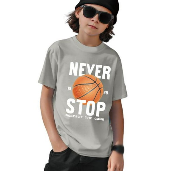 Mikrdoo 7Y-15Y Boys Tops "Never Stop Respect The Game 1988" Letter Graphics Summer Basketball Print Casual Short Sleeve T-shirts