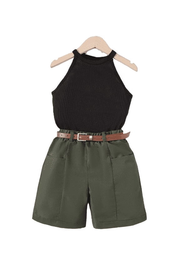 8 Years Big Girls 8Y,9Y,10Y,11-12Y,13-14Y Kid Girls Clothes Solid Color Halter Summer Sleeveless Tops Cargo Shorts 2Pcs Casual Outfits Green