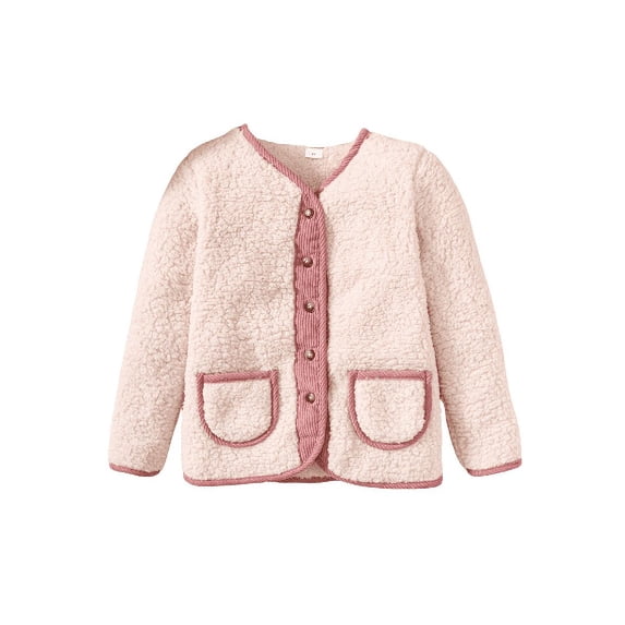 Mikrdoo 8 Years Kid Girls Fleece Winter Coat Contrast Binding Teddy Line Button Crew Neck Jackets With Pockets (8-14T,Pink)