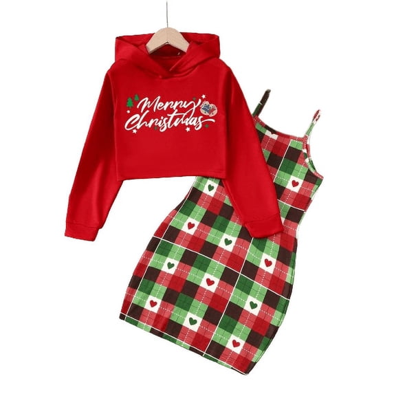 Mikrdoo Kids Girls Christmas Outfits Straps Plaid Print Dress Print Letter Graphics Long Sleeve Sweater Hoodies 2Pcs Clothes Set 8 Years Green