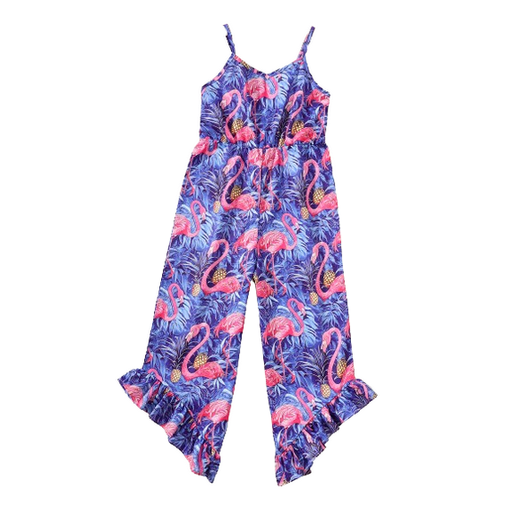 Mikrdoo 8Y,9Y,10Y,11-12Y,13-14Y Kids Girls Straps Summer V-neck Flamingo Print Wide Leg Jumpsuit Overall Purple 11-12 Years